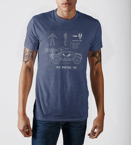 Halo Warthog Blueprint Design Navy Blue Graphic Print T-ShirtHalo - MERCHMILLA, Official nerd Merch lives here